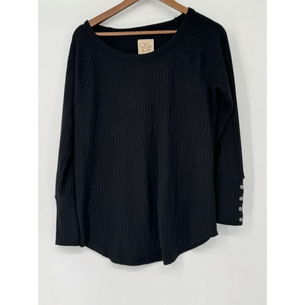 Chaser L Black Thermal Waffle Knit Tunic Long Sleeve‎ Button Cuff Whimsigoth
